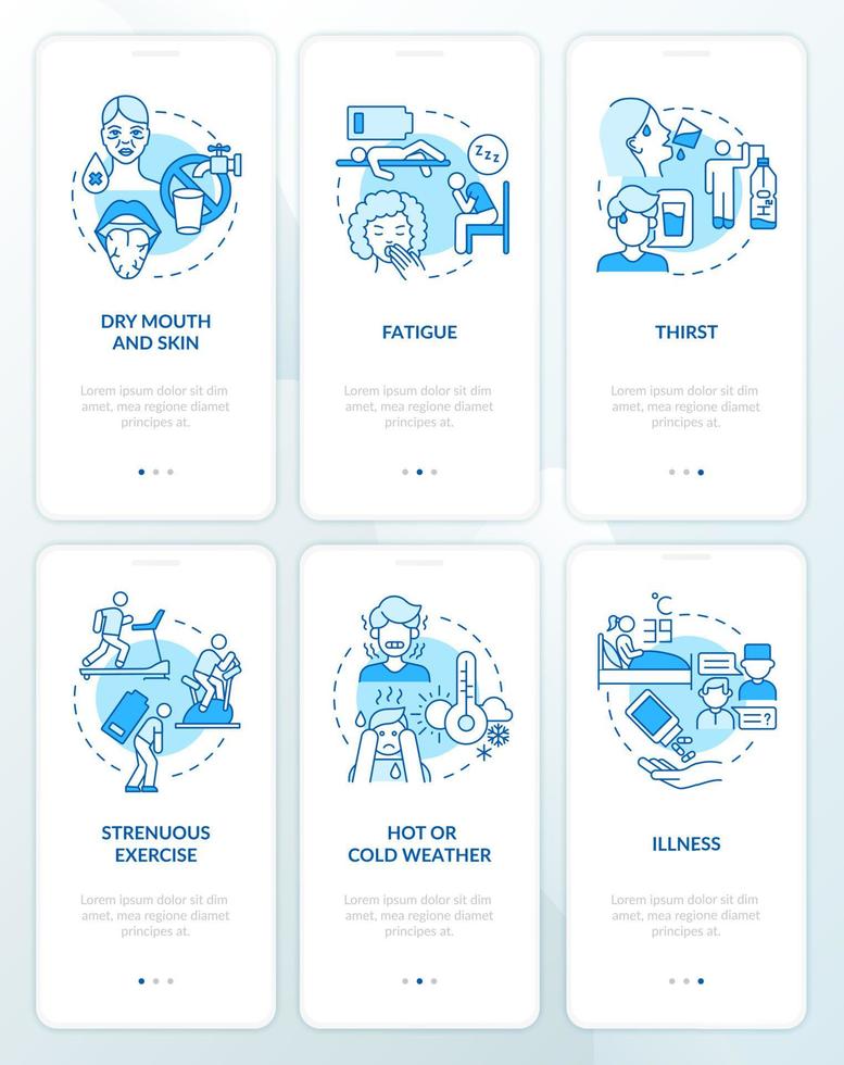 set di schermate della pagina dell'app mobile di onboarding blu del consumo di acqua. fattori di disidratazione procedura dettagliata 3 passaggi istruzioni grafiche con concetti. ui, ux, gui modello vettoriale con illustrazioni a colori lineari