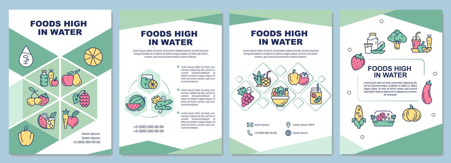 modello di brochure di alimenti ricchi di acqua. verdura e frutta. volantino, opuscolo, stampa di volantini, design di copertina con icone lineari. layout vettoriali per presentazioni, relazioni annuali, pagine pubblicitarie