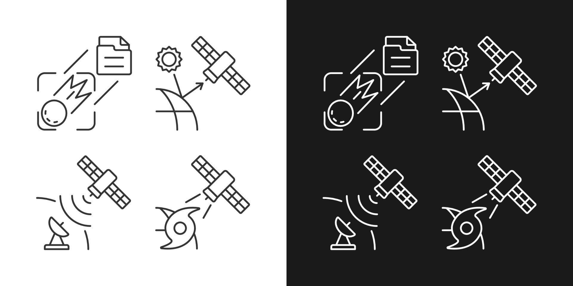 Icone lineari dei satelliti di monitoraggio climatico impostate per la modalità scura e chiara. sistema di osservazione meteorologica della terra. simboli di linea sottile personalizzabili. illustrazioni di contorno vettoriale isolato. tratto modificabile
