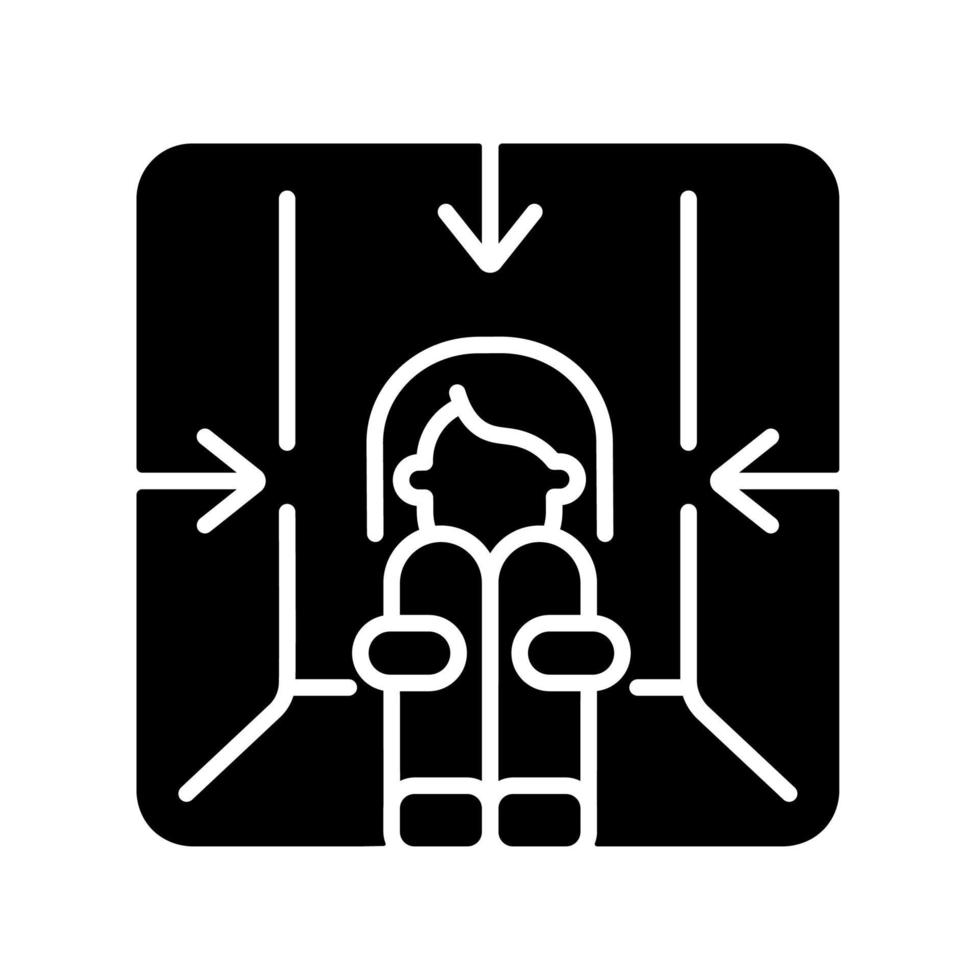 icona del glifo nero di claustrofobia. paura degli spazi chiusi come innesco di attacchi di panico. disturbo mentale e fobia. problema psicologico. simbolo di sagoma su uno spazio bianco. illustrazione vettoriale isolato