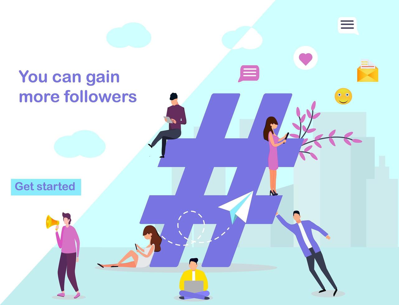 gruppo di persone sui social media con hashtag, le persone aggiungono più follower con hashtag, social media marketing, possono utilizzare per, landing page, modello, interfaccia utente, web, sfondo, poster, banner, volantino vettore