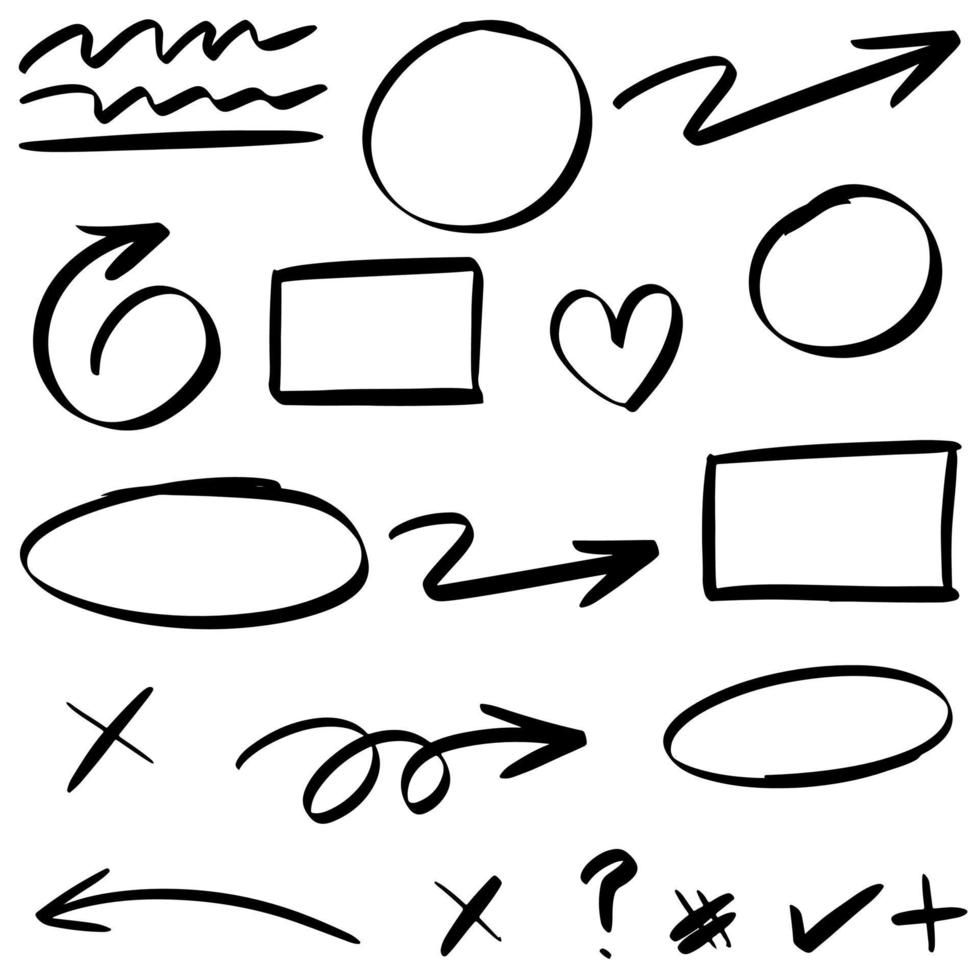 doodle linee, frecce, cerchi e curve vector.hand disegnati elementi di design isolati su sfondo bianco per una infografica. illustrazione vettoriale. vettore