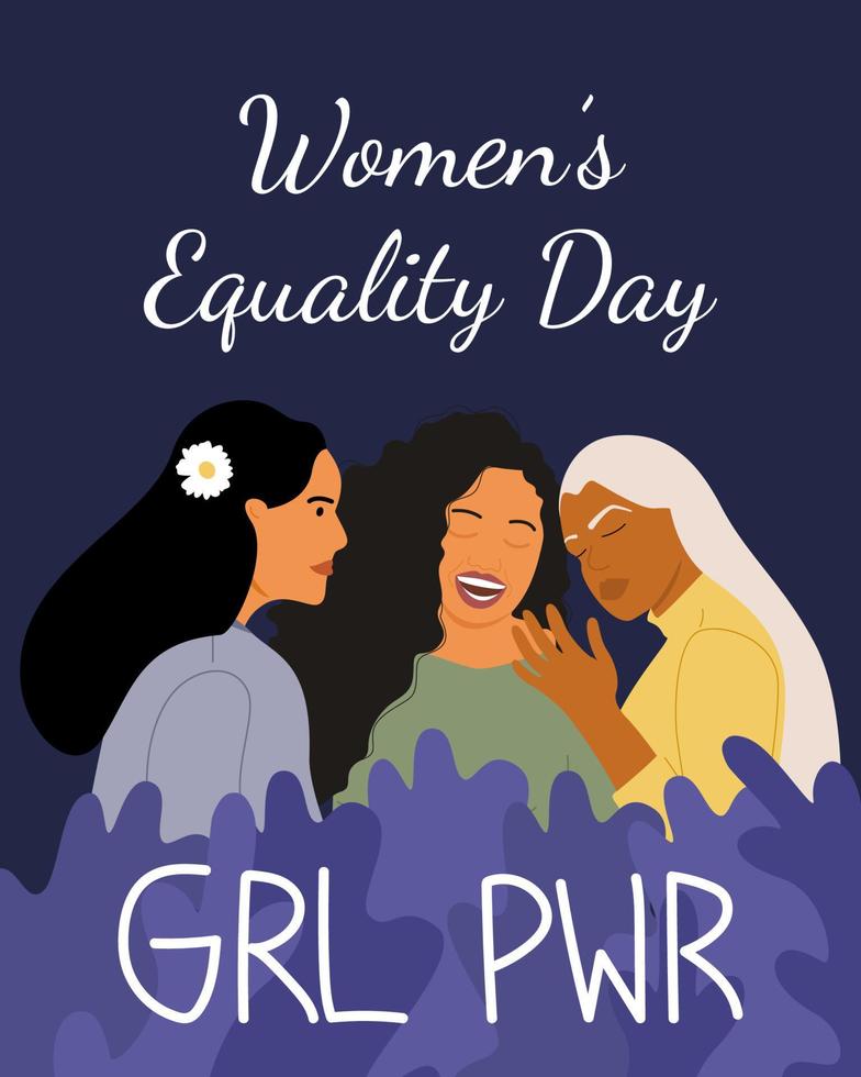 giornata per l'uguaglianza delle donne tre donne di diverse nazionalità si abbracciano su uno sfondo blu. sorellanza, sostegno, uguaglianza. illustrazione vettoriale, poster, carta da parati, motivazione. vettore