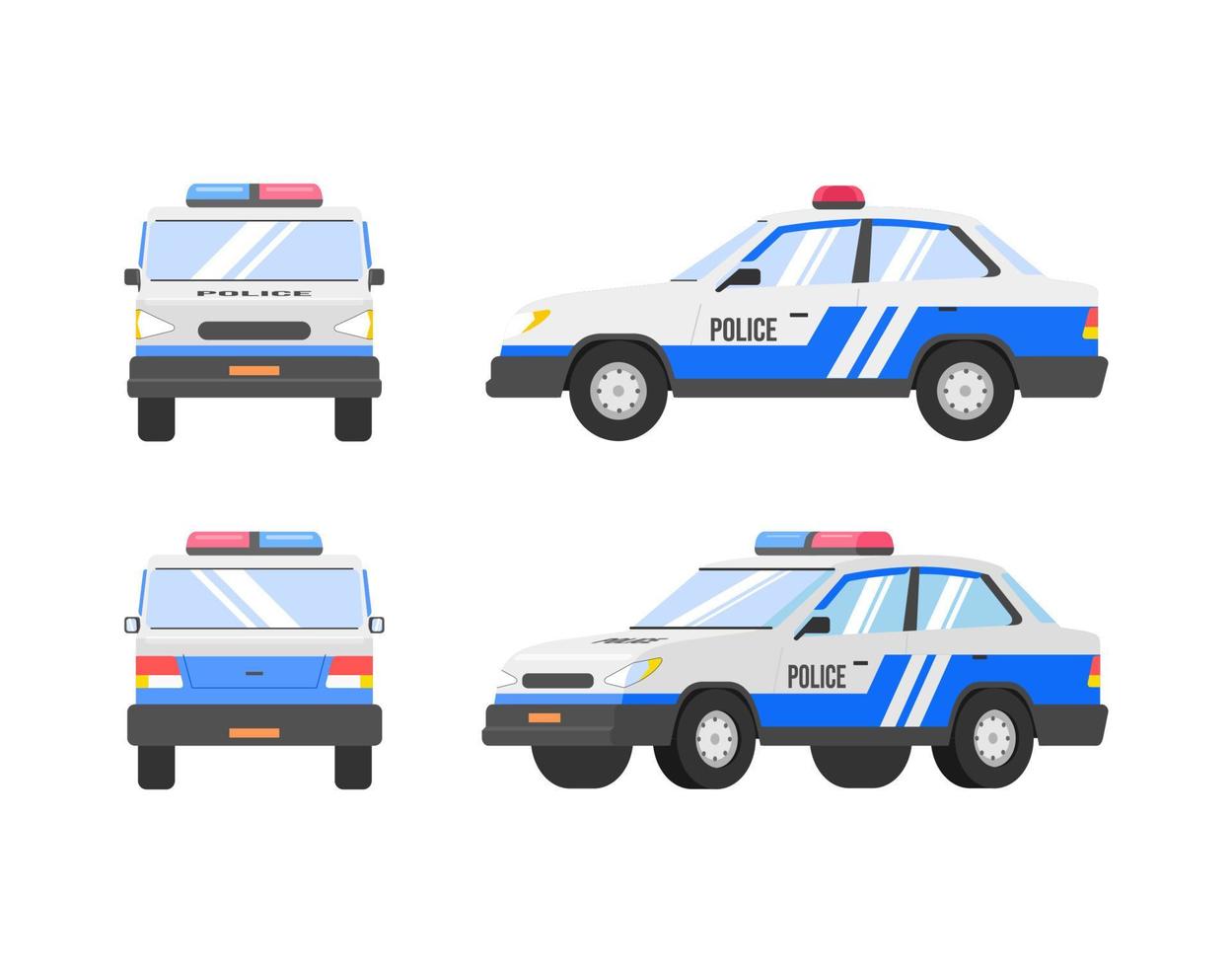 set di quattro angoli per auto della polizia. vista laterale, posteriore e frontale dell'auto. illustrazione piatta vettoriale. vettore