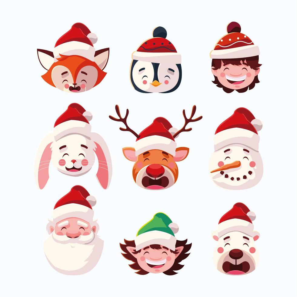 set di icone natale con testa babbo natale e animali vettore