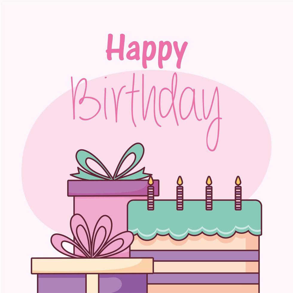 disegno vettoriale di torta e regali di buon compleanno