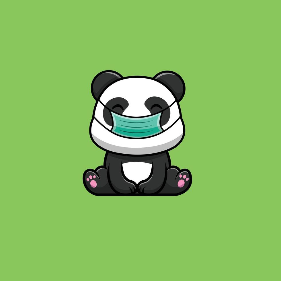simpatico panda seduto e indossando maschera icona vettore fumetto illustrazione. concetto di icona di sanità animale isolato vettore premium. stile cartone animato piatto