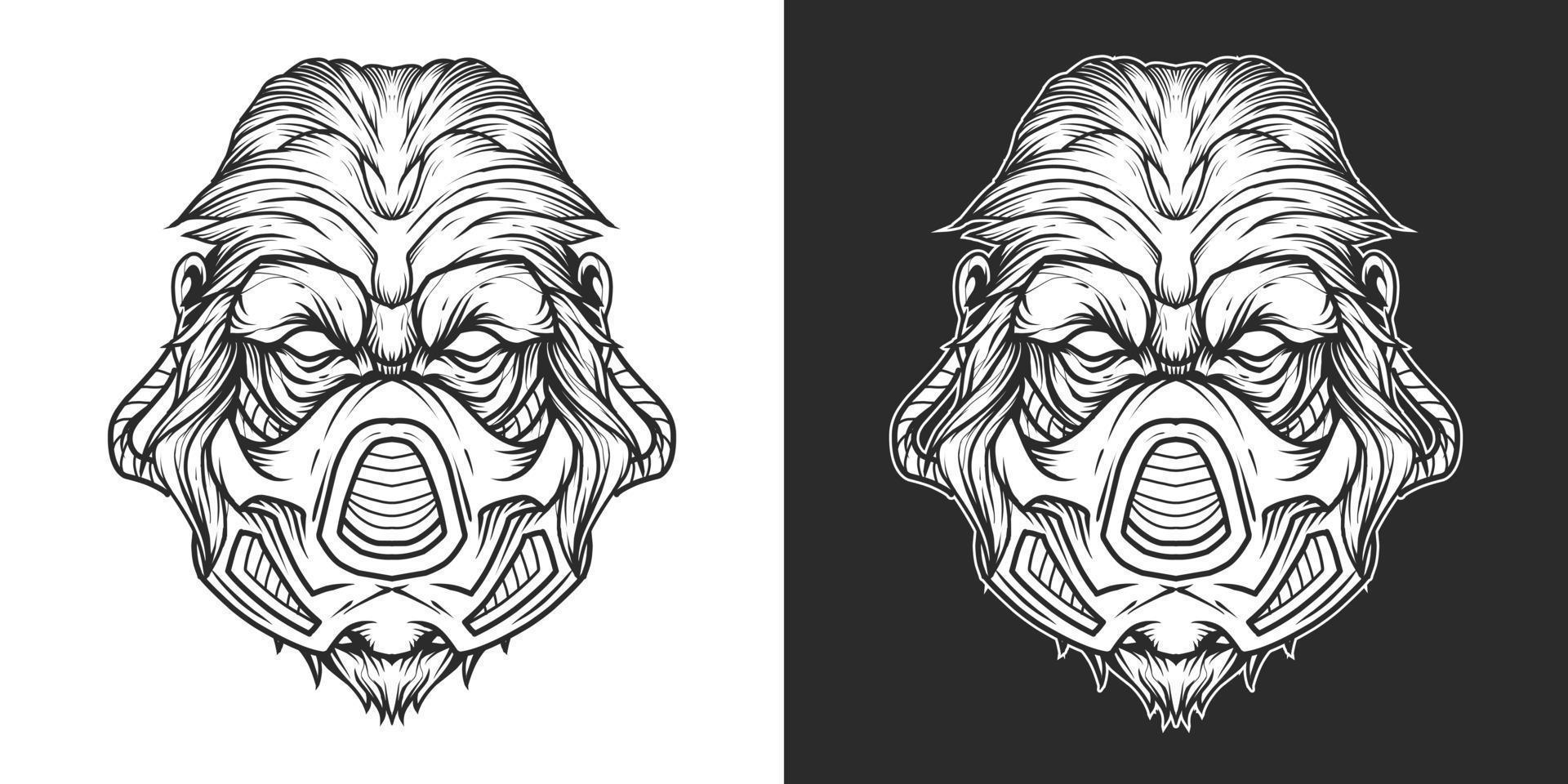gorilla maschera antigas testa logo line art vettore