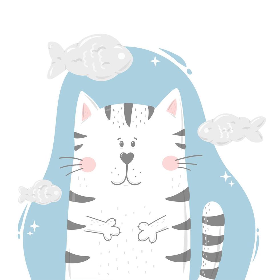 gatto divertente circondato da nuvole di pesce su sfondo blu. buono per poster, stampe, cartoline, adesivi, abbigliamento per bambini, ecc. eps 10 vettore