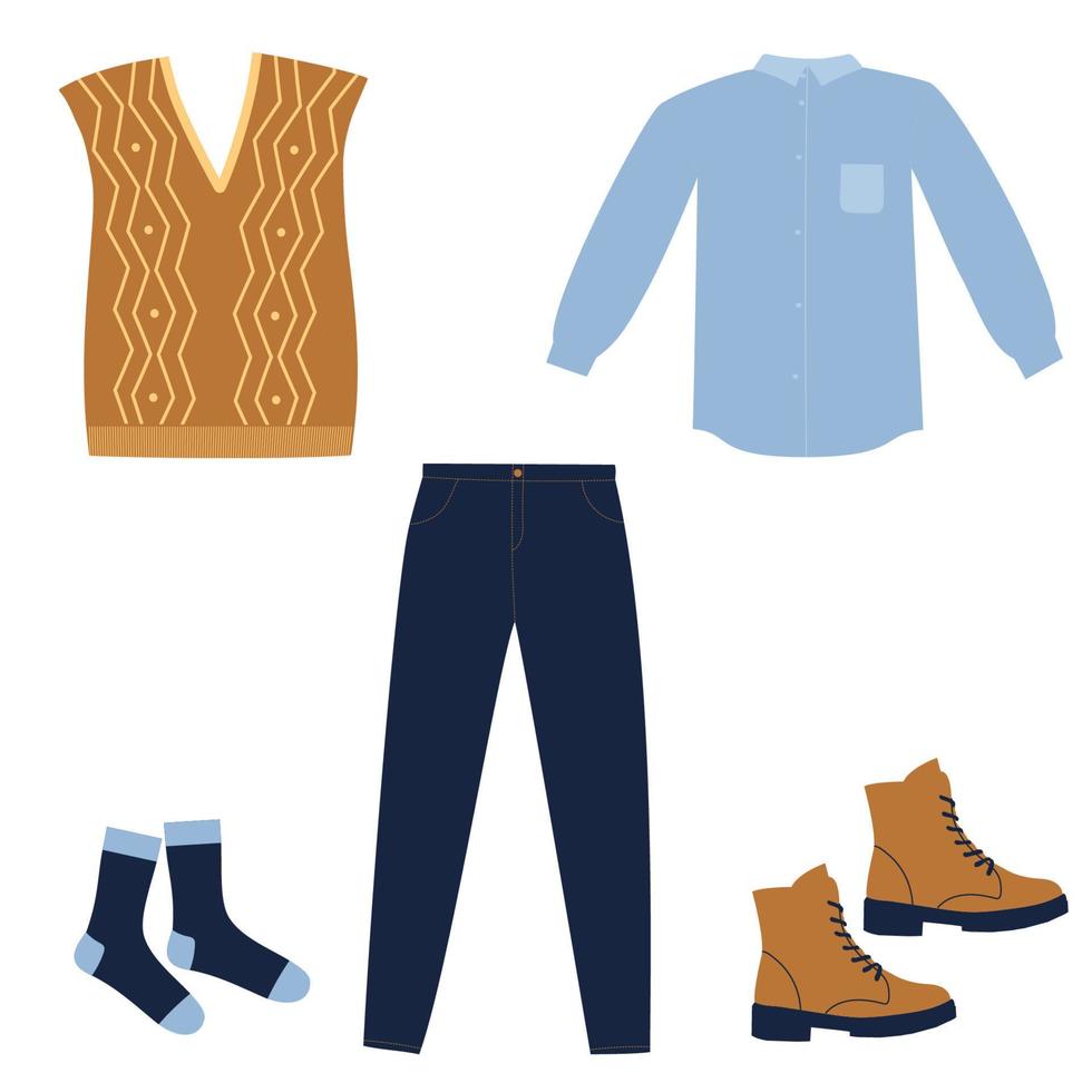 set di vestiti invernali. blue jeans, stivali, calzini, gilet e camicia. elementi di vestiti caldi. stile scarabocchio. vettore