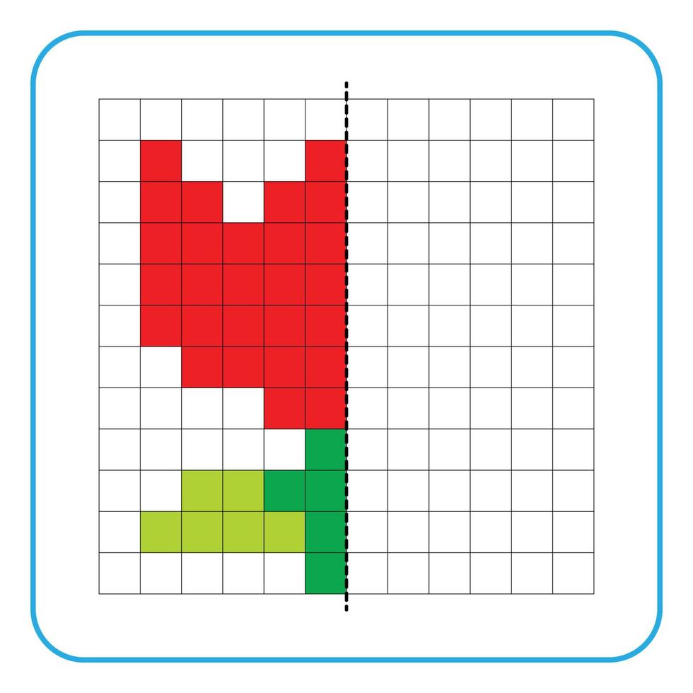 gioco educativo di riflessione dell'immagine per i bambini. impara a completare i fogli di lavoro sulla simmetria per le attività in età prescolare. pagine da colorare, percezione visiva e pixel art. finisci l'immagine della pianta del fiore di rosa. vettore