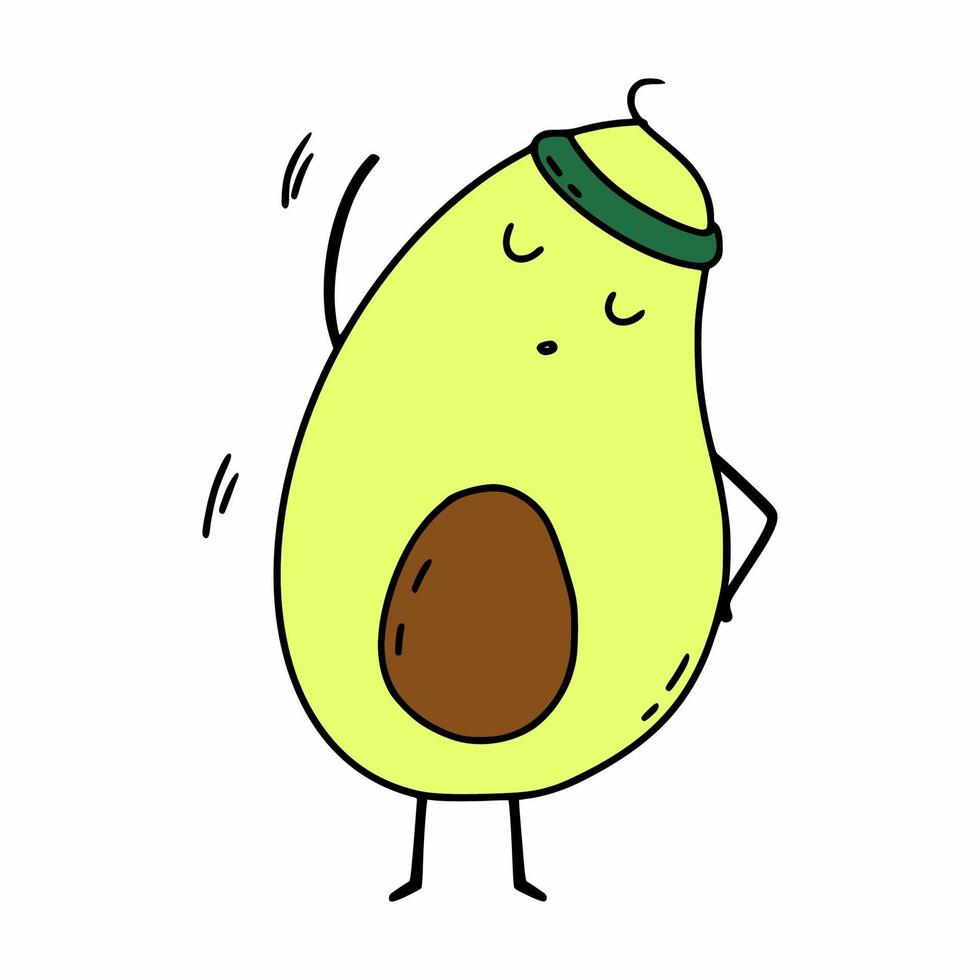 simpatico avocado facendo esercizi. illustrazione vettoriale in stile doodle. ginnastica e yoga.