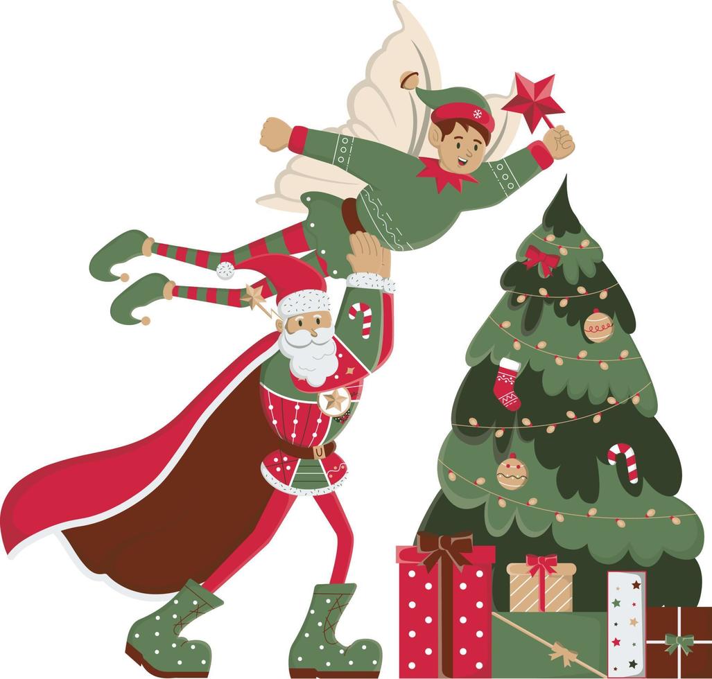 babbo natale ed elfo decorano l'albero vettore