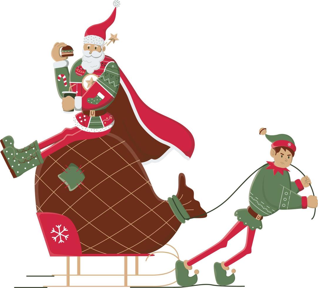 Babbo Natale aiuta l'elfo a portare il sacco vettore