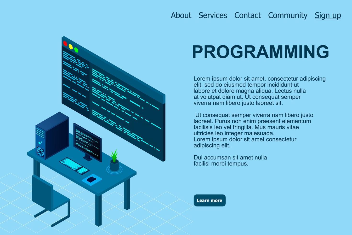 modello di pagina web di programmazione o sviluppo software. illustrazione vettoriale con vista isometrica del computer portatile e codice del programma sullo schermo. concetto di programmazione. illustrazione vettoriale