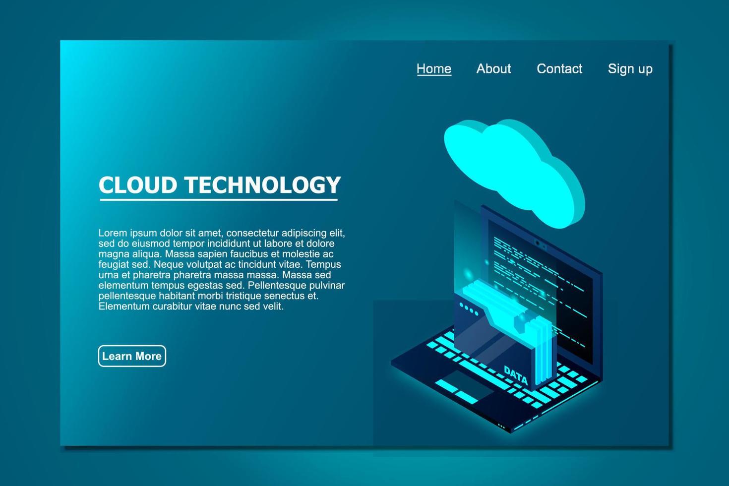 tecnologia cloud isometrica con dati di cartelle e laptop. concetto di calcolo della tecnologia cloud. illustrazione vettoriale