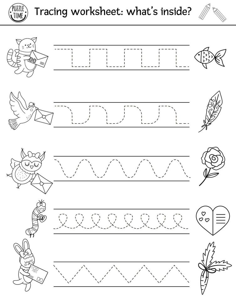 foglio di lavoro per la pratica della scrittura a mano di San Valentino vettoriale. febbraio attività stampabile in bianco e nero per bambini in età prescolare. gioco di tracciamento educativo per abilità di scrittura con simpatici animali vettore