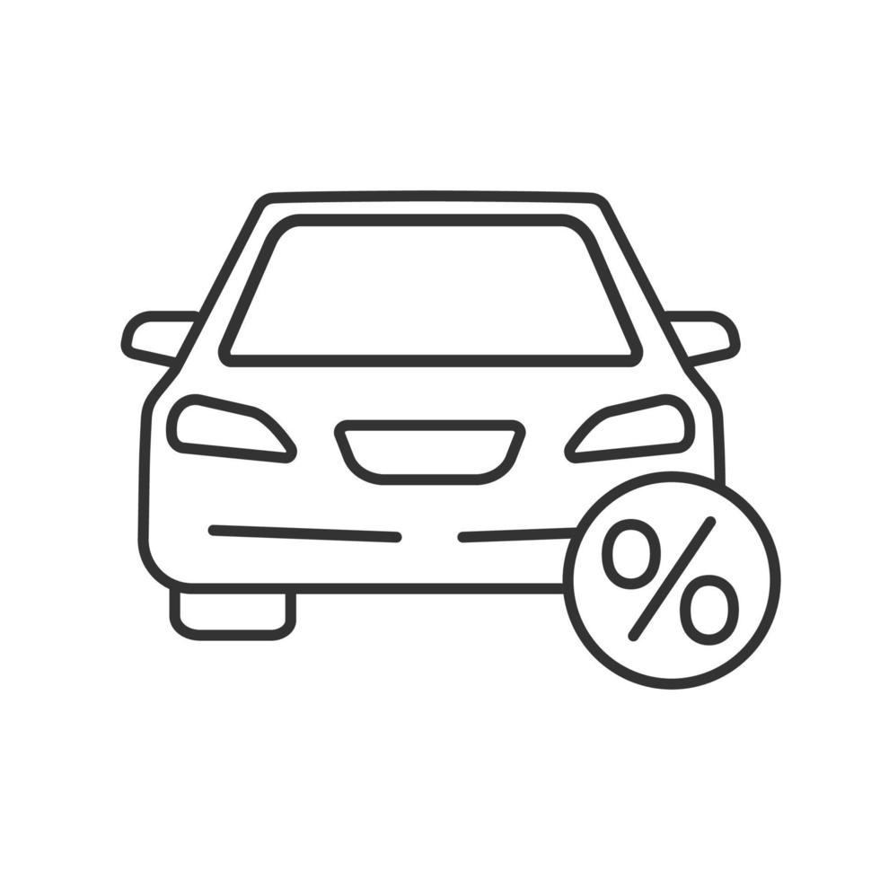 icona lineare di prestito auto. illustrazione di linea sottile. sconto acquisto auto. automobile con il segno di percentuale. simbolo di contorno. disegno vettoriale isolato contorno