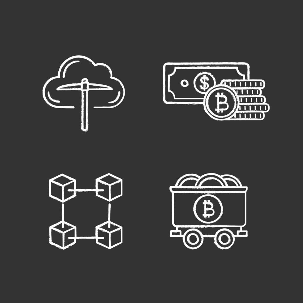 set di icone di gesso criptovaluta bitcoin. cloud mining, risparmio, blockchain, carrello da miniera con monete bitcoin. illustrazioni di lavagna vettoriali isolate