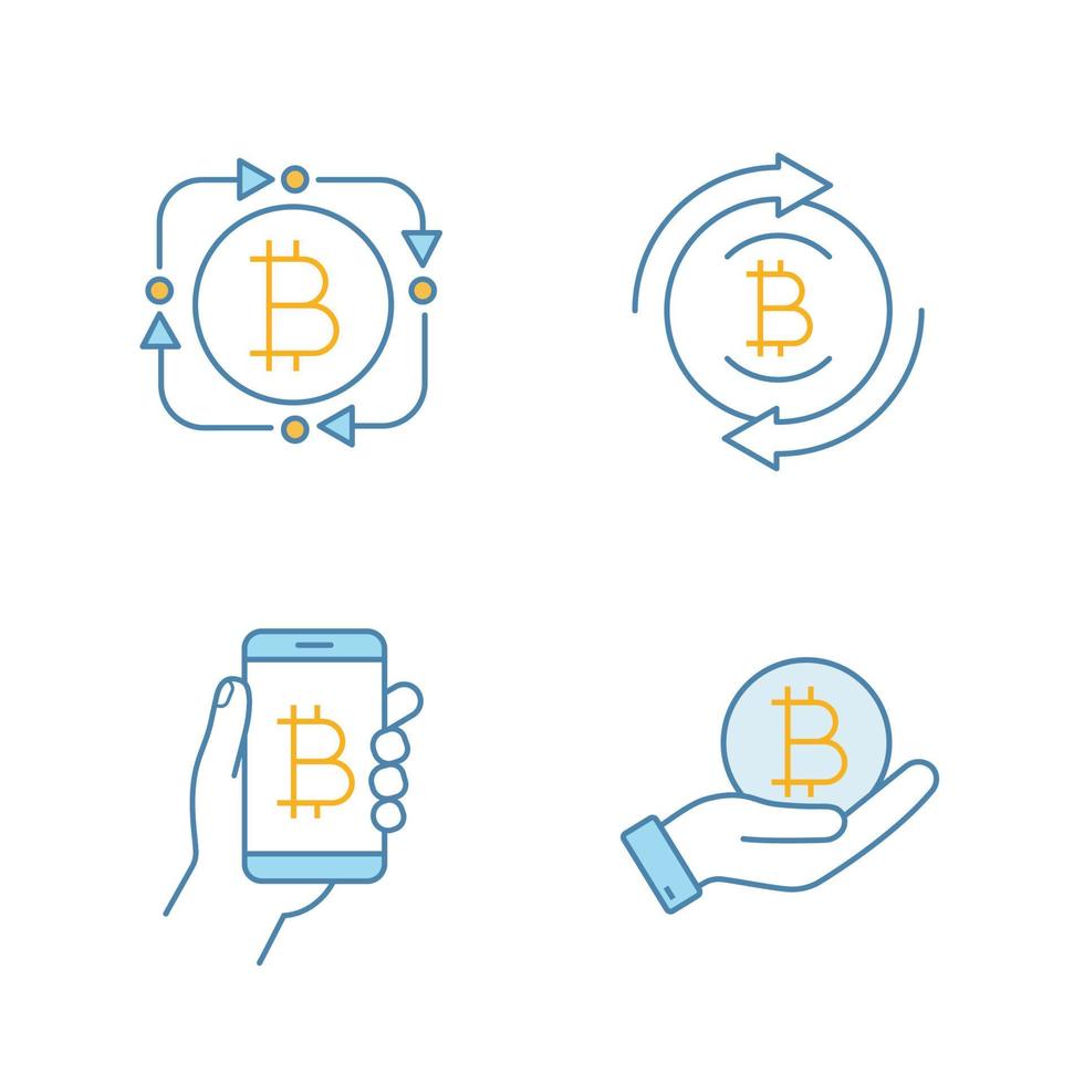 set di icone di colore criptovaluta bitcoin. fintech, rimborso bitcoin, portafoglio digitale, moneta in mano. illustrazioni vettoriali isolate