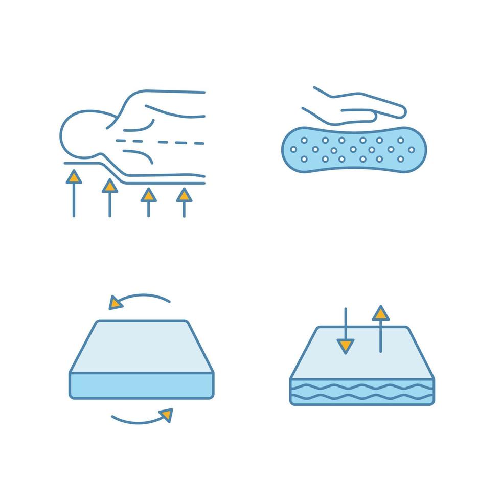 set di icone di colore del materasso ortopedico. supporto per la schiena, materiale in lattice, materasso bistagionale, fodera traspirante. illustrazioni vettoriali isolate