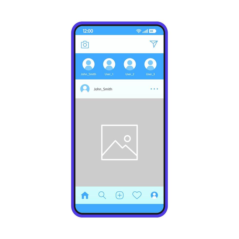 modello di vettore di pagina smartphone social media. layout di progettazione blu dell'interfaccia dell'app mobile. schermata del contenuto della foto. interfaccia utente piatta per l'applicazione di messaggistica. display del telefono con post sui social network