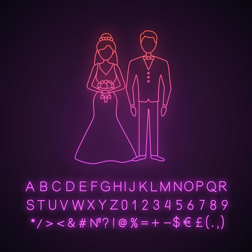 icona della luce al neon della sposa e dello sposo. cerimonia matrimoniale. sposini. coppia appena sposata. fidanzato fidanzata. agenzia matrimoniale. segno luminoso con alfabeto, numeri e simboli. illustrazione vettoriale isolato