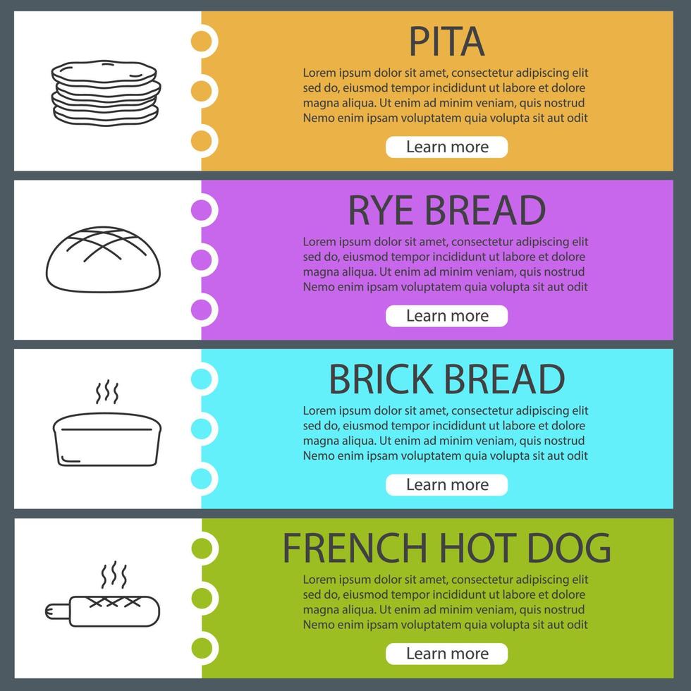 set di modelli di banner web da forno. pita, pane di segale, pane di mattoni, hot dog francese. voci di menu a colori del sito Web con icone lineari. concetti di design delle intestazioni vettoriali