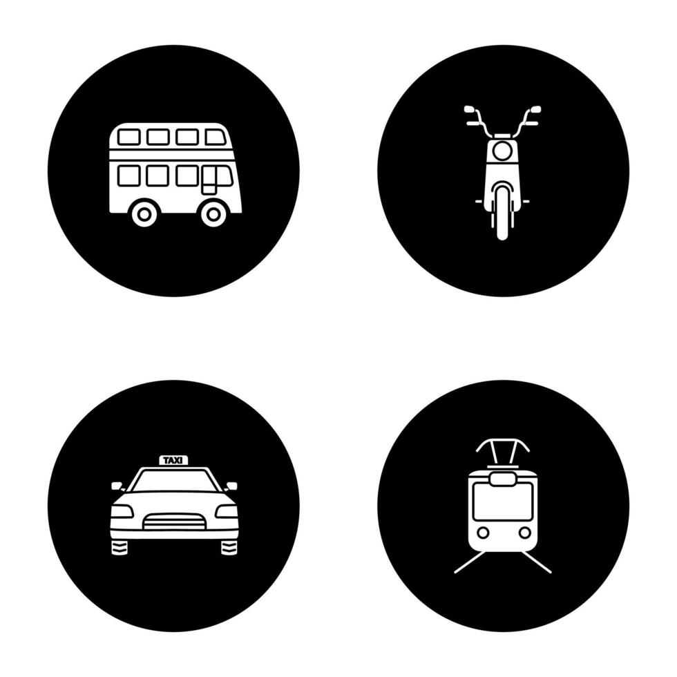 set di icone del glifo del trasporto pubblico. mezzi di trasporto. autobus a due piani, scooter, taxi, tram. illustrazioni vettoriali di sagome bianche in cerchi neri