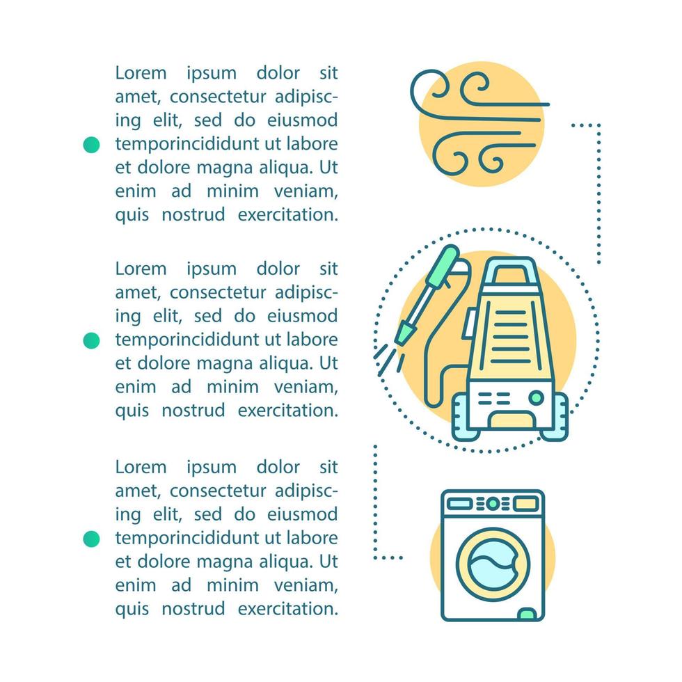 modello di vettore della pagina dell'articolo dei servizi di pulizia. lavaggio a pressione. brochure, rivista, elemento di design opuscolo con icone lineari e caselle di testo. disegno di stampa. illustrazioni concettuali con spazio di testo