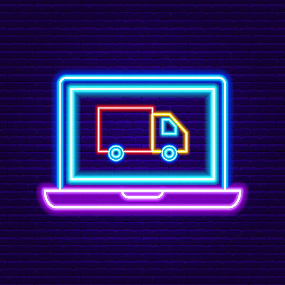 computer portatile al neon con insegna del camion delle consegne vettore