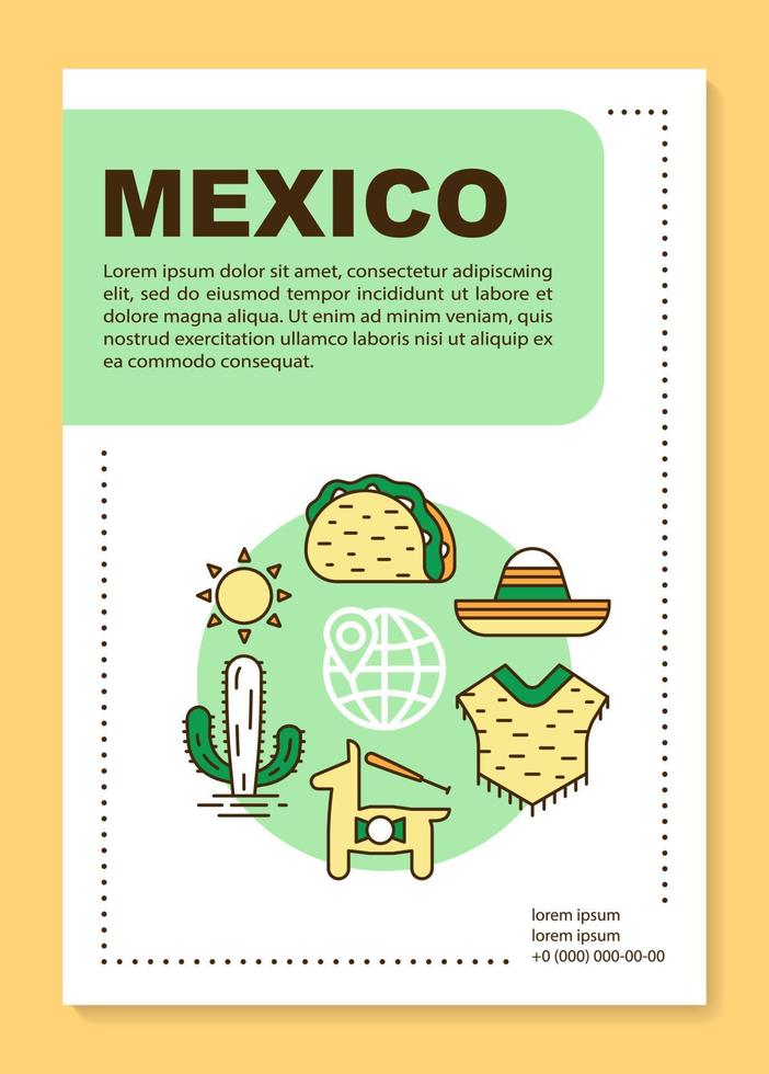 layout del modello di brochure del Messico. cultura e natura messicana. volantino, opuscolo, stampa di volantini con illustrazioni lineari. layout di pagine vettoriali per riviste, relazioni annuali, manifesti pubblicitari