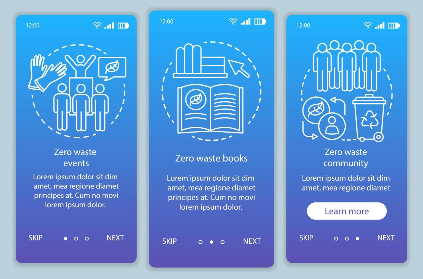 modello vettoriale della schermata della pagina dell'app mobile onboarding dell'istruzione zero rifiuti. passaggi del sito Web di stile di vita eco-friendly con illustrazioni lineari. ux, ui, gui concetto di interfaccia per smartphone