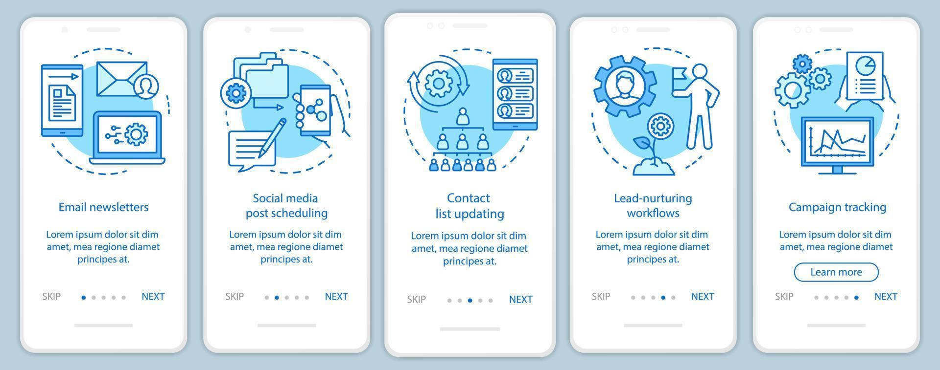 modello di vettore dello schermo della pagina dell'app mobile onboarding blu di automazione del marketing. piattaforme software procedura dettagliata passaggi del sito Web con illustrazioni lineari. ux, ui, gui concetto di interfaccia per smartphone