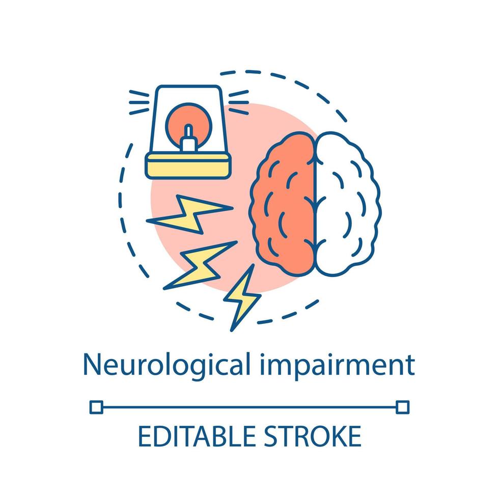 icona del concetto di danno neurologico. illustrazione di linea sottile idea disturbo del sistema nervoso. disegno di assieme isolato vettore di disfunzione cerebrale. neurologia. disabilità mentale, lesioni. tratto modificabile