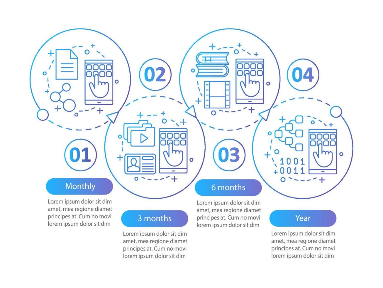 modello di infografica vettoriale di abbonamento ai servizi digitali. piani tariffari. visualizzazione dei dati con quattro passaggi e opzioni. grafico della sequenza temporale del processo. layout del flusso di lavoro con icone