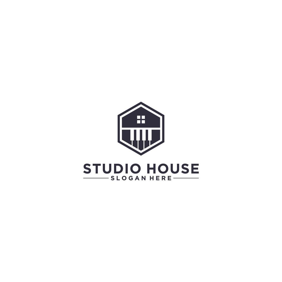 logo studio house con pianoforte fuso con house vettore