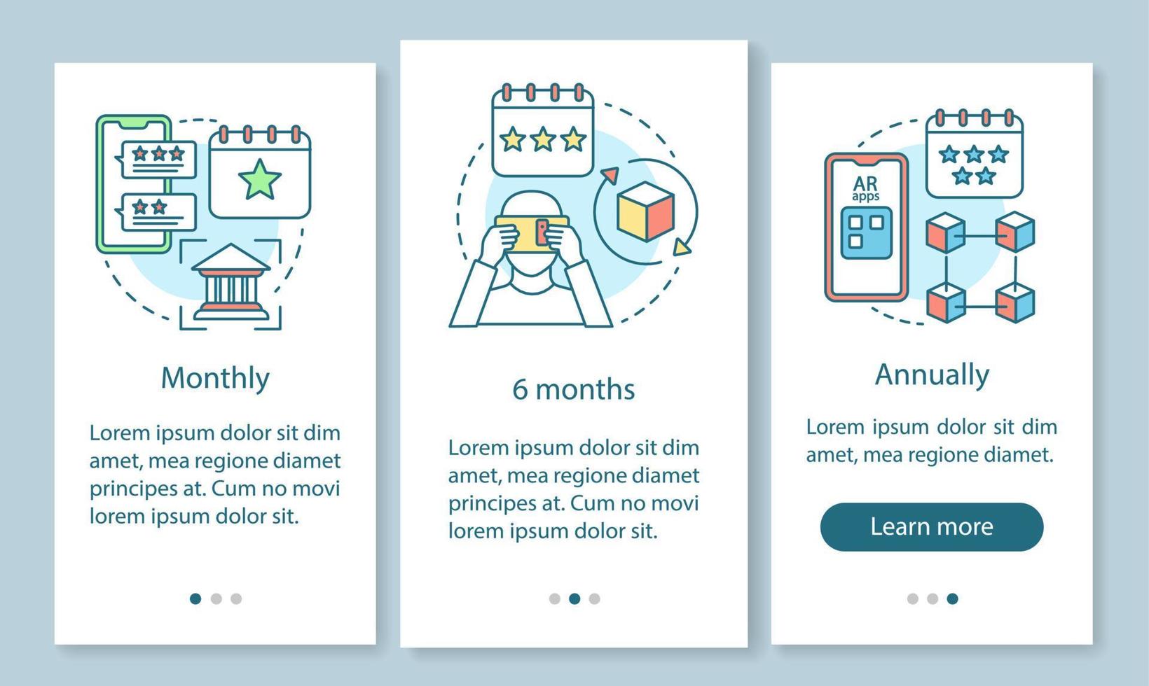 schermata della pagina dell'app mobile onboarding dell'abbonamento allo strumento ar con concetti lineari. tariffe mensili o annuali. tre passaggi illustrativi istruzioni grafiche. ux, ui, gui modello vettoriale con illustrazioni