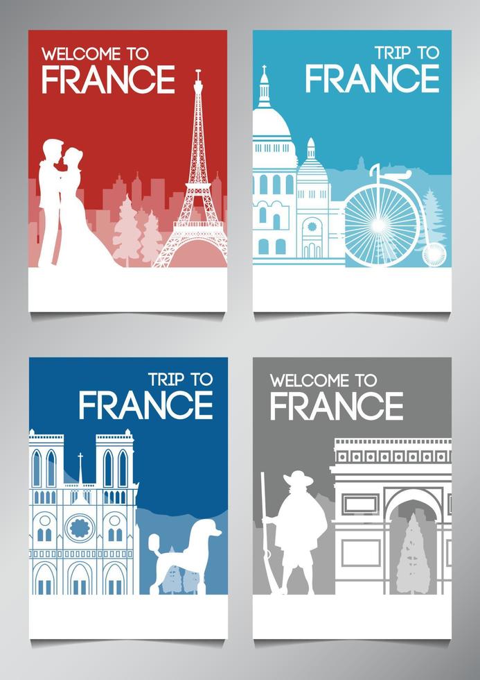 famoso punto di riferimento e simbolo della francia in stile silhouette con set di brochure a tema colore bandiera nazionale vettore