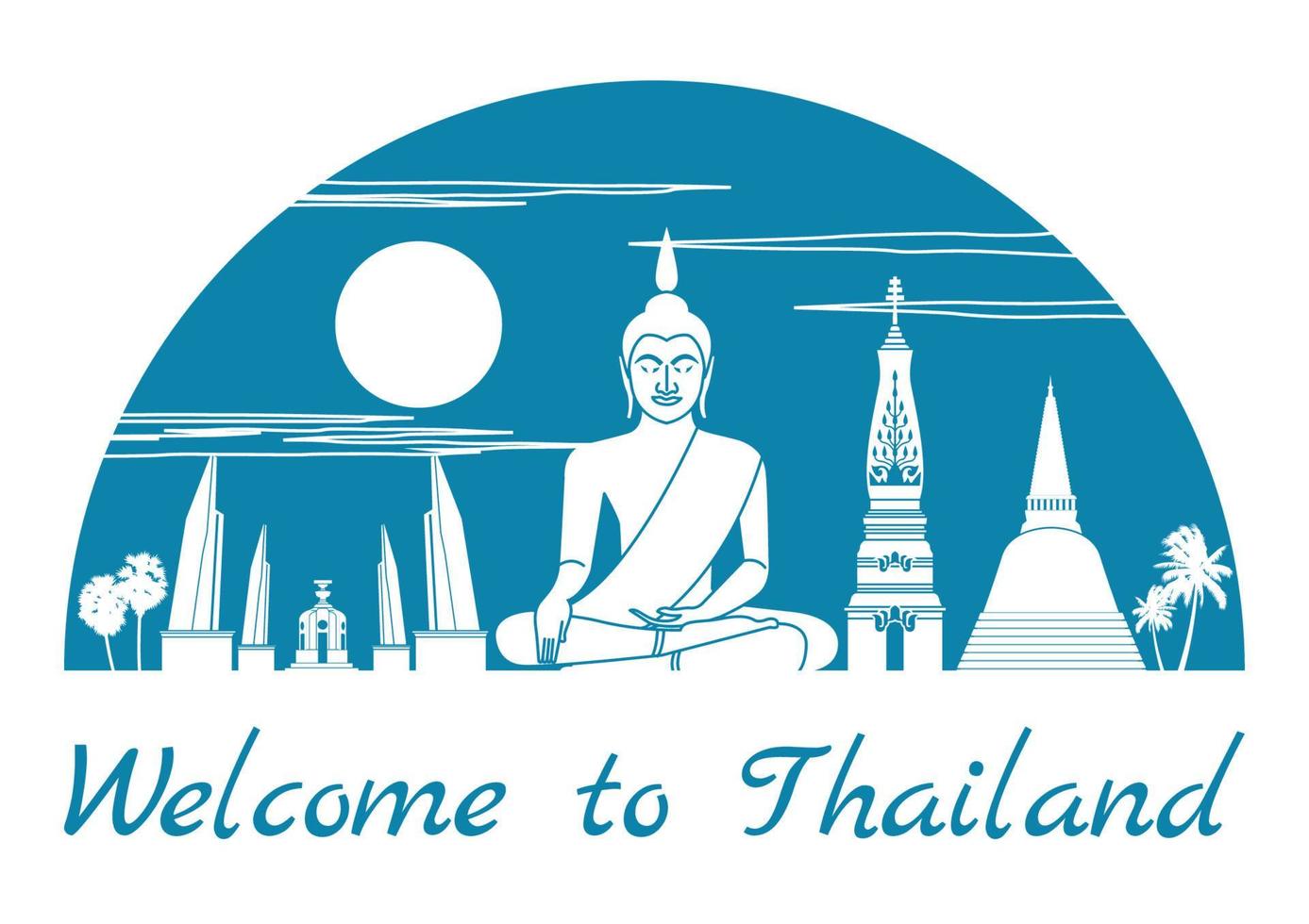 Thailandia famoso punto di riferimento in stile silhouette all'interno di colore blu a forma di semicerchio, testo all'interno, vettore