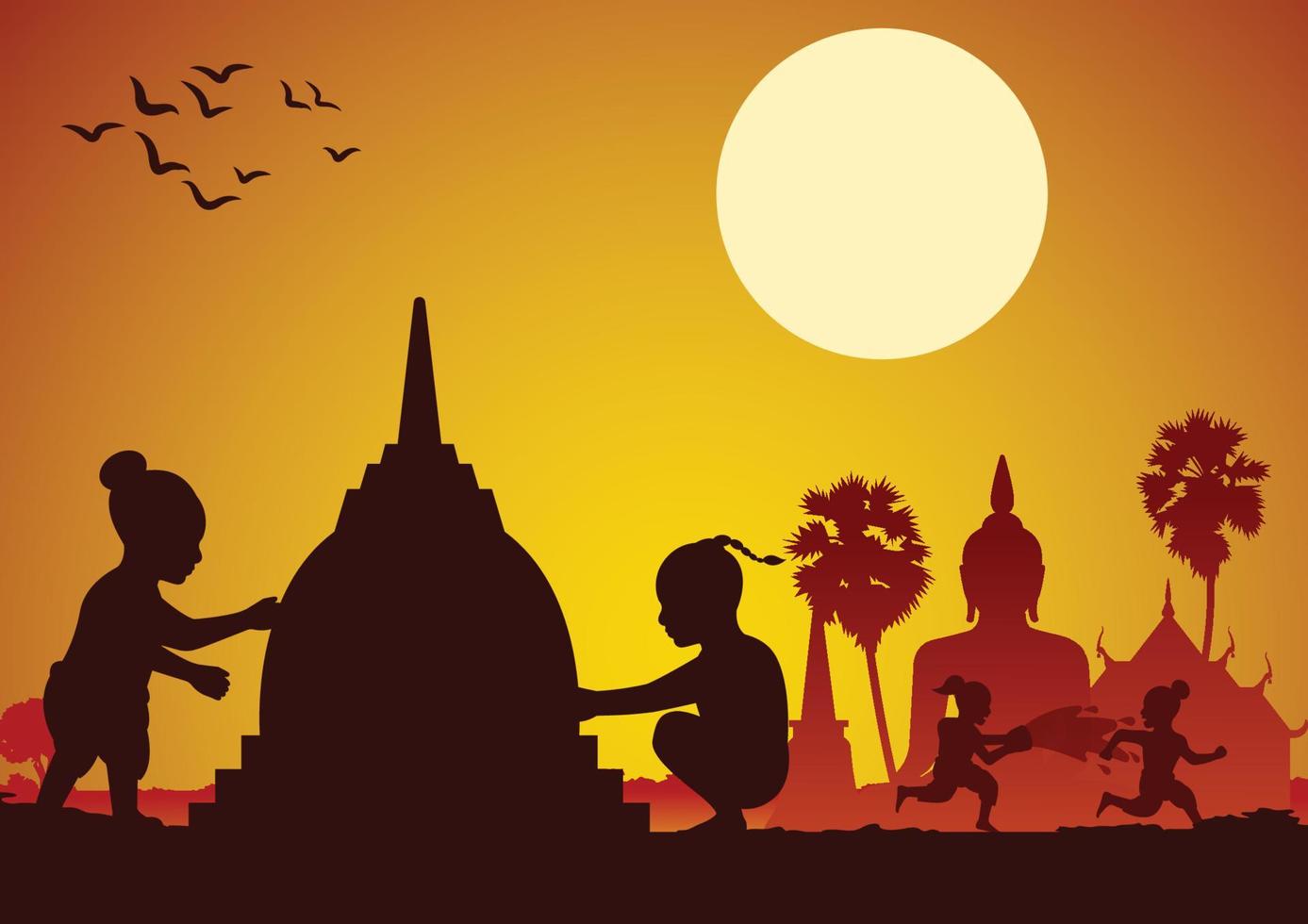 i bambini si gettano acqua a vicenda e costruiscono la pagoda di sabbia nella canzone kran day famoso festival della thailandia loas myanmar e cambogia, capodanno, disegno della siluetta vettore