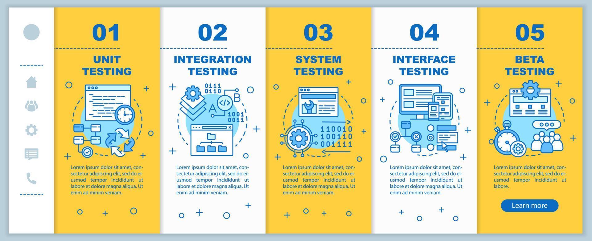 test software funzionale giallo onboarding modello vettoriale di pagine Web mobili. idea di interfaccia del sito Web per smartphone reattivo con illustrazioni lineari. schermate dei passaggi della procedura dettagliata della pagina Web. concetto di colore