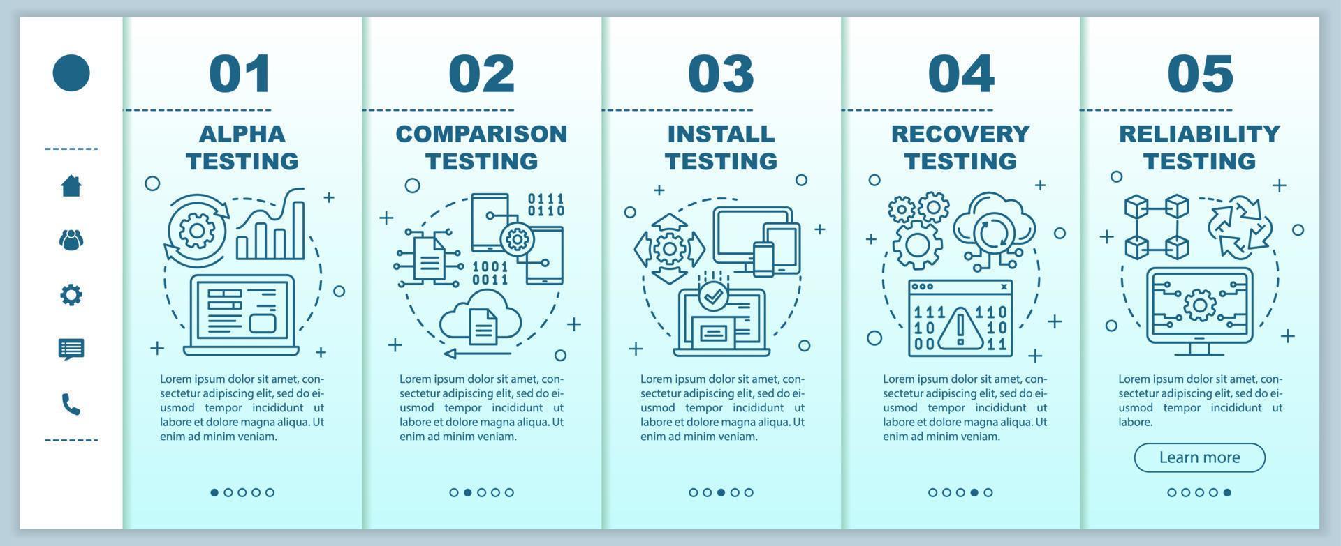 test delle prestazioni del software onboarding modello vettoriale di pagine Web mobili. idea di interfaccia del sito Web per smartphone reattivo con illustrazioni lineari. schermate dei passaggi della procedura dettagliata della pagina Web. concetto di colore