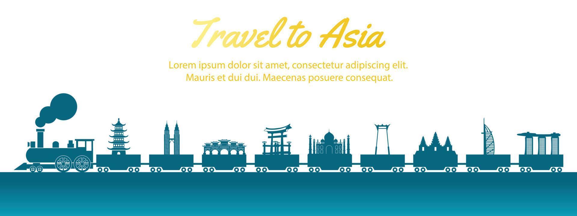 punto di riferimento dell'asia trasportato in treno,stile di sagoma di concept art,illustrazione vettoriale,gradiente di verde blu vettore