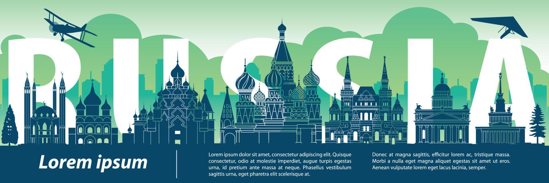 russia famoso punto di riferimento in stile silhouette, testo all'interno, viaggi e turismo, tema colore tonalità blu e verde vettore