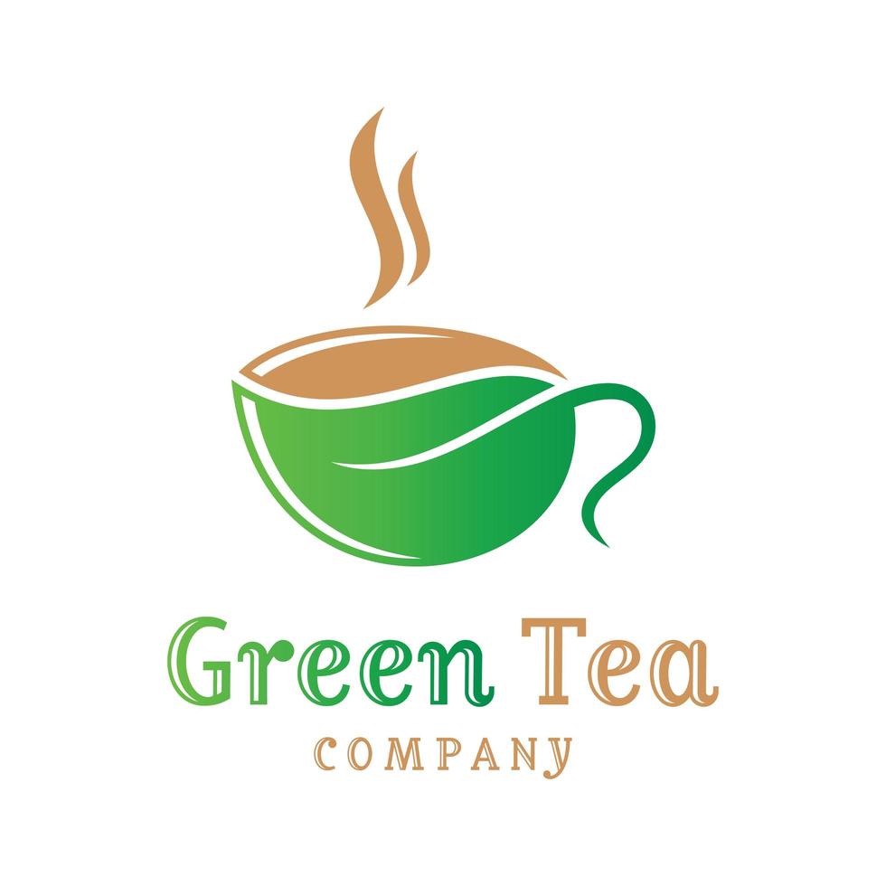 design del logo della tazza di foglie di tè verde vettore