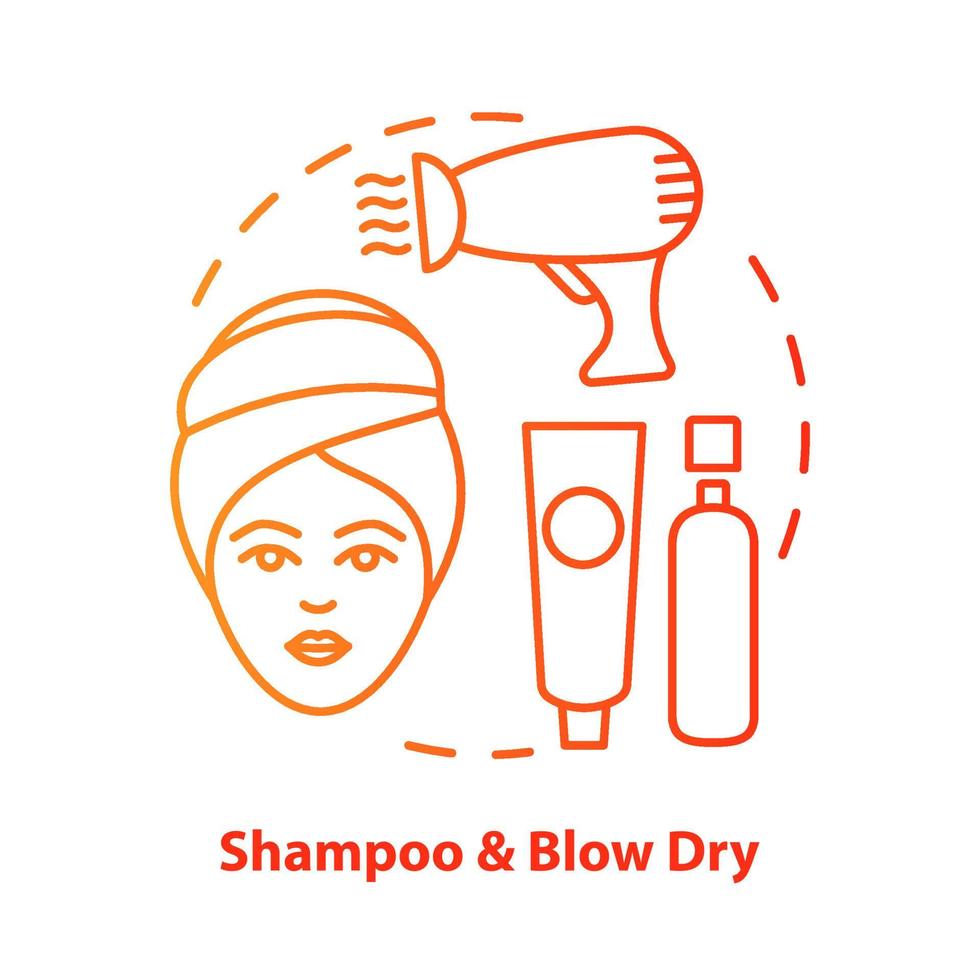 shampoo e asciugatura concetto icona blu. cura dei capelli, prodotti per il trattamento idea illustrazione linea sottile. parrucchiere, parrucchiere. disegno di contorno isolato vettore gradiente rosso. tratto modificabile