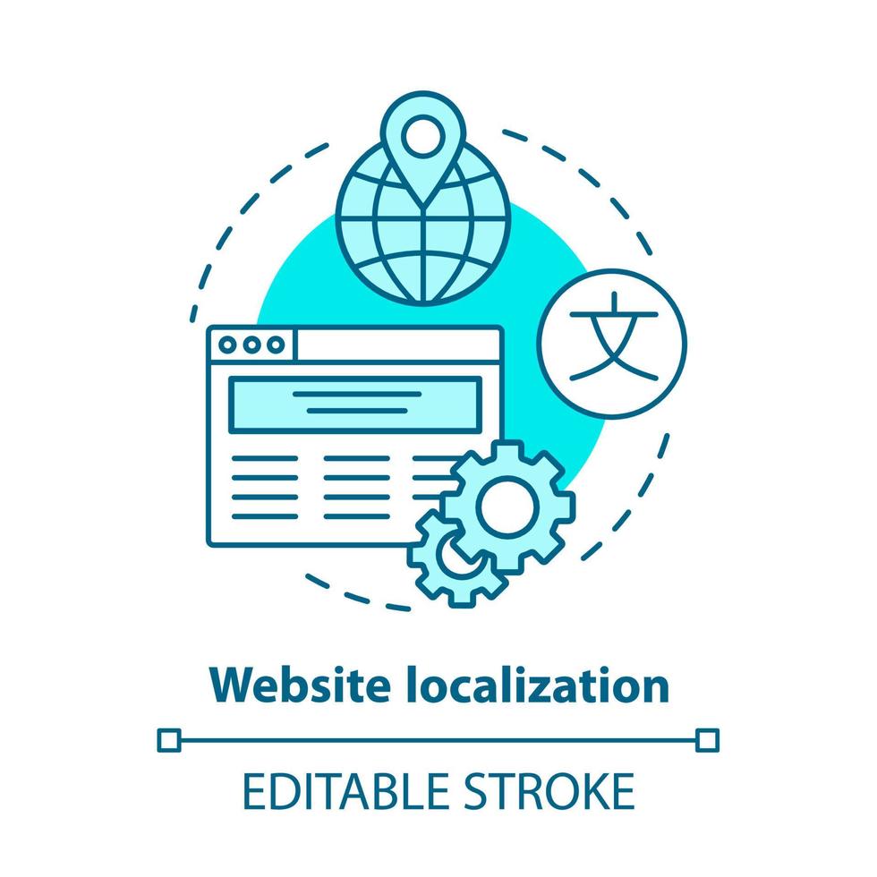 icona del concetto di localizzazione del sito Web blu. illustrazione della linea sottile di idea di traduzione del sito Web. lanciare gestire pagina web multilingue, seo internazionale. disegno vettoriale isolato profilo. tratto modificabile