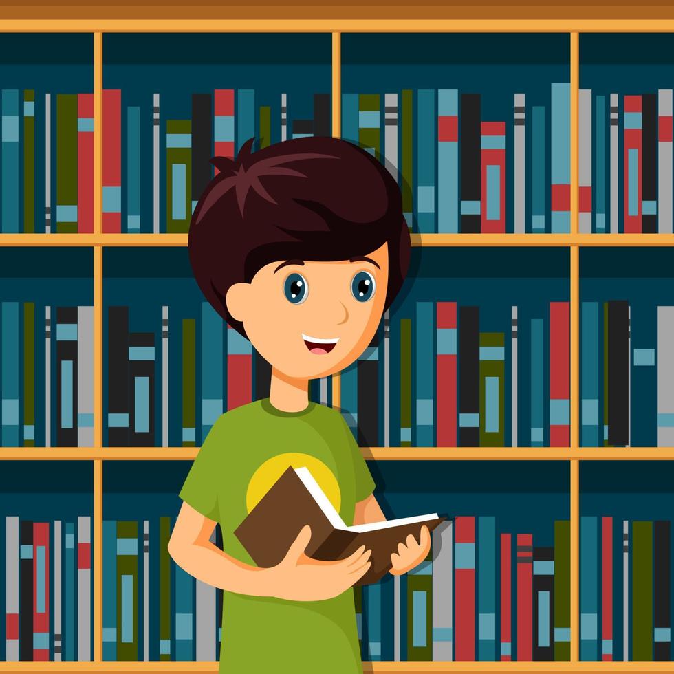bibliotecario dei cartoni animati che legge un libro vettore