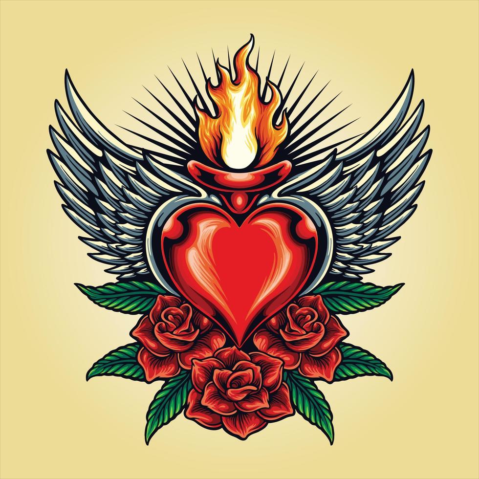 cuore amore che vola con illustrazioni del tatuaggio del fiore della rosa vettore